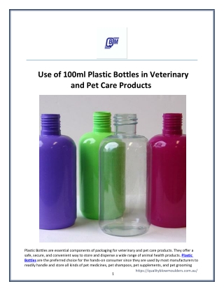 Use of 100ml Plastic Bottles in Veterinary and Pet Care Products