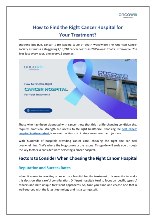 How to Choose the Right Hospital for Cancer Treatment?