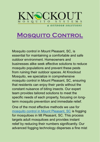 Mosquito Control: Effective & Long-Lasting Protection in Mount Pleasant, SC
