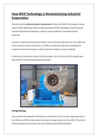 How MVR Technology is Revolutionizing Industrial Evaporation