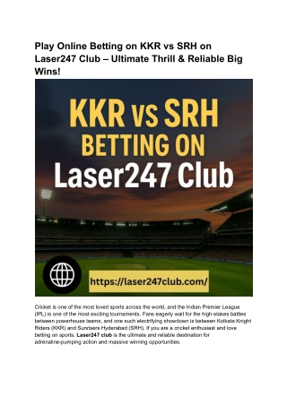 Play Online Betting on KKR vs SRH on Laser247 Club – Ultimate Thrill & Reliable Big Wins