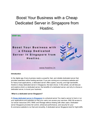 Boost Your Business with a Cheap Dedicated Server in Singapore from - Hostinc.