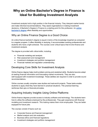 PU Online- Why an Online Bachelor Degree in Finance is Ideal for Budding Investment Analysts
