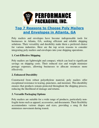 Top 7 Reasons to Choose Poly Mailers and Envelopes in Atlanta, GA