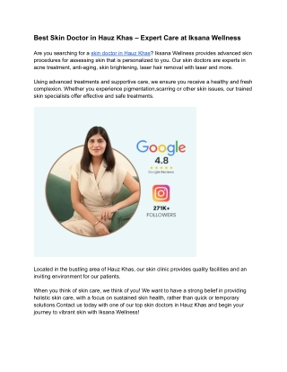 Best Skin Doctor in Hauz Khas – Expert Care at Iksana Wellness