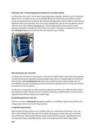Shelving for Van