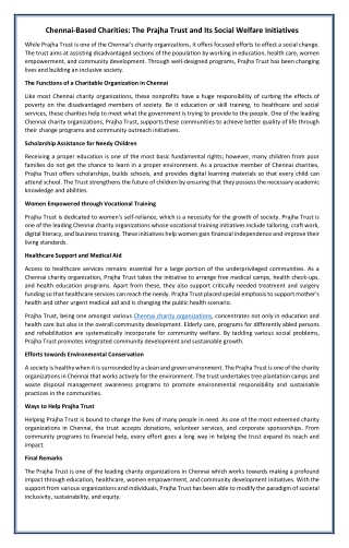 Chennai-Based Charities: The Prajha Trust and Its Social Welfare Initiatives