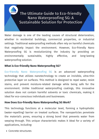 The Ultimate Guide to Eco-friendly Nano Waterproofing SG A Sustainable Solution for Protection