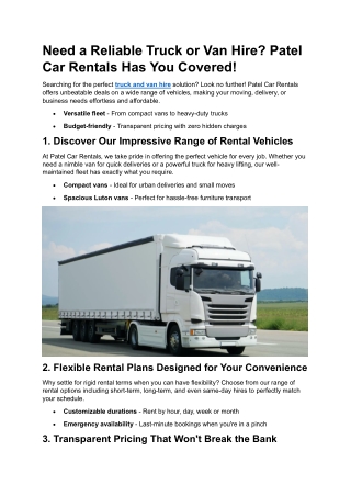 Need a Reliable Truck or Van Hire? Patel Car Rentals Has You Covered!