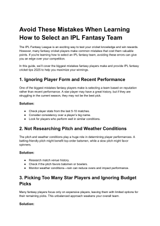 Avoid These Mistakes When Learning How to Select an IPL Fantasy Team