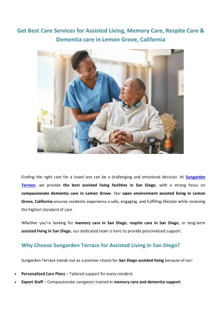 Get Best Care Services for Assisted Living, Memory Care, Respite Care & Dementia care in Lemon Grove, California