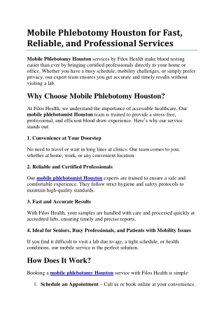 Mobile Phlebotomy Houston for Fast, Reliable, and Professional Services