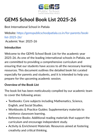 GEMS School Book List 2025-26 | Best International School in Patiala