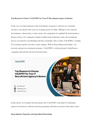 Top Reasons to Choose VALiNTRY for Your IT Recruitment Agency in Boston