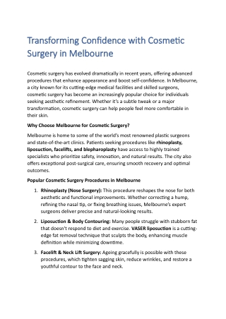 Transforming Confidence with Cosmetic Surgery in Melbourne