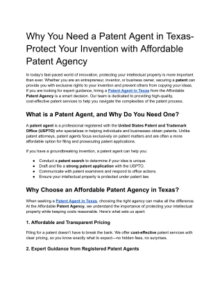 Why You Need a Patent Agent in Texas- Protect Your Invention with Affordable Patent Agency
