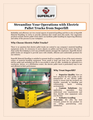 Streamline Your Operations with Electric Pallet Trucks from Superlift