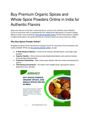 Buy Premium Organic Spices and Whole Spice Powders Online in India for Authentic Flavors