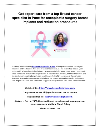 Get expert care from a top Breast cancer specialist in Pune for oncoplastic surgery breast implants and reduction proced