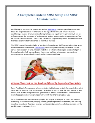 A Complete Guide to SMSF Setup and SMSF Administration