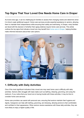 Top Signs That Your Loved One Needs Home Care in Draper