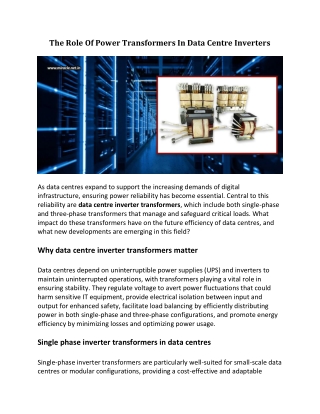 The Role Of Power Transformers In Data Centre Inverters