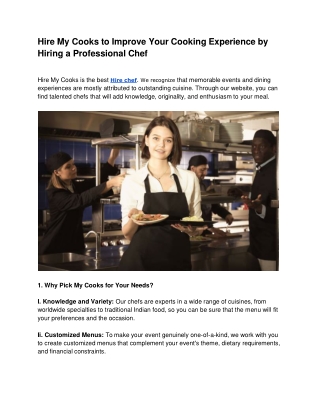 Hire My Cooks to Improve Your Cooking Experience by Hiring a Professional Chef