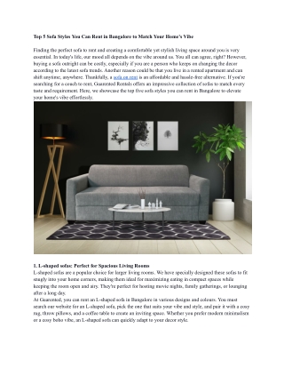 Top 5 Sofa Styles You Can Rent in Bangalore to Match Your Home's Vibe
