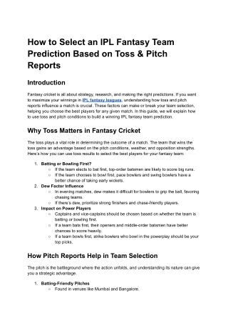 How to Select an IPL Fantasy Team Prediction Based on Toss & Pitch Reports