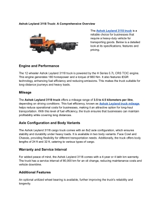 Ashok Leyland 3118 Truck: A Comprehensive Overview