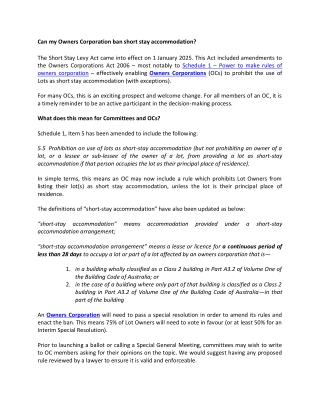 Can my Owners Corporation ban short stay accommodation?