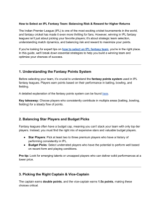 How to Select an IPL Fantasy Team: Balancing Risk & Reward for Higher Returns