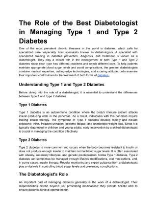 The Role of the Best Diabetologist in Managing Type 1 and Type 2 Diabetes