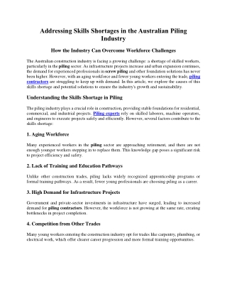 Addressing Skills Shortages in the Australian Piling Industry