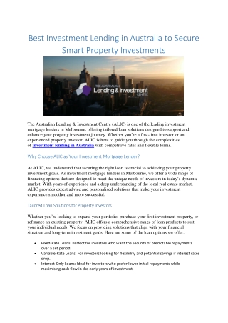 Property investment loans australia