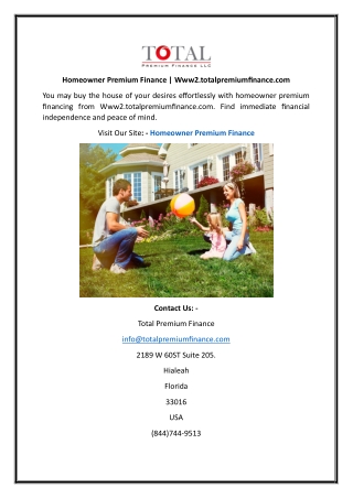Homeowner Premium Finance | Www2.totalpremiumfinance.com