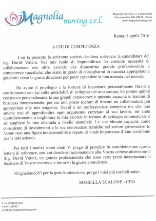 Letter of Recommendation for Mr. David Valera – Magnolia Moving S.R.L.