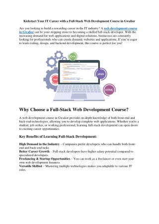 Kickstart Your IT Career with a Full-Stack Web Development Course in Gwalior