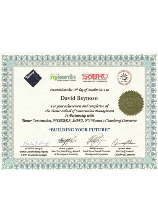 Certificate of Achievement by Turner School of Construction Management to David J Reynoso