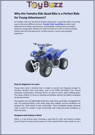 Why the Yamaha Kids Quad Bike is a Perfect Ride for Young Adventurers