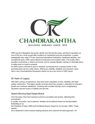 Leading Property developers Hsr Layout Bangalore
