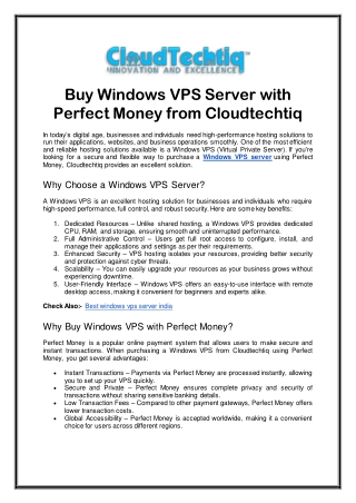 Buy Windows VPS Server with Perfect Money from Cloudtechtiq
