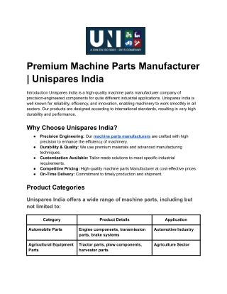 Premium Machine Parts Manufacturer _ Unispares India