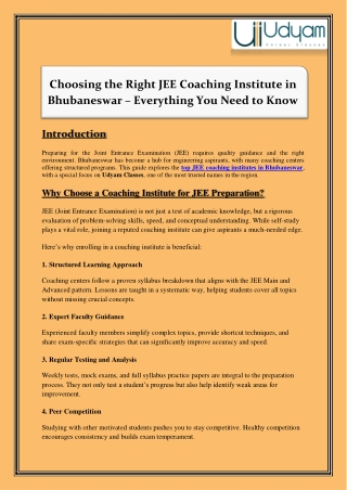Choosing the Right JEE Coaching Institute in Bhubaneswar – Everything You Need to Know