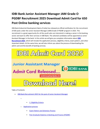 IDBI Bank Junior Assistant Manager JAM Grade O PGDBF Recruitment 2025 Download Admit Card for 650 Post Online banking se