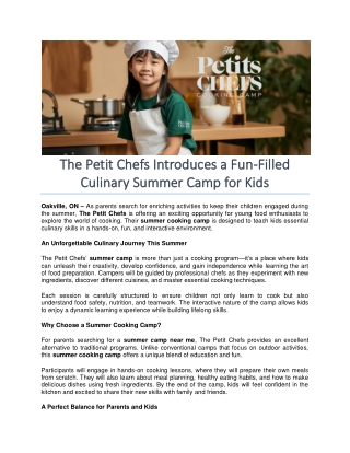 The Petit Chefs Introduces a Fun-Filled Culinary Summer Camp for Kids