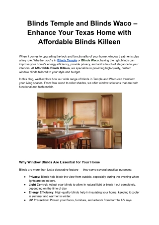 Blinds Temple and Blinds Waco – Enhance Your Texas Home with Affordable Blinds Killeen
