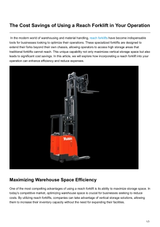 The Cost Savings of Using a Reach Forklift in Your Operation