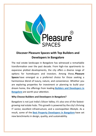 Discover Pleasure Spaces with Top Builders and Developers in Bangalore