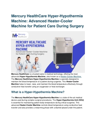 Advanced Heater-Cooler Machine for Patient Care During Surgery